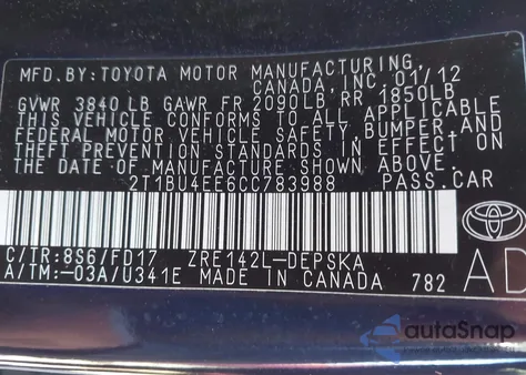 2012 Toyota Corolla S z USA, uszkodzony, nr VIN 2T1BU4EE6CC783988